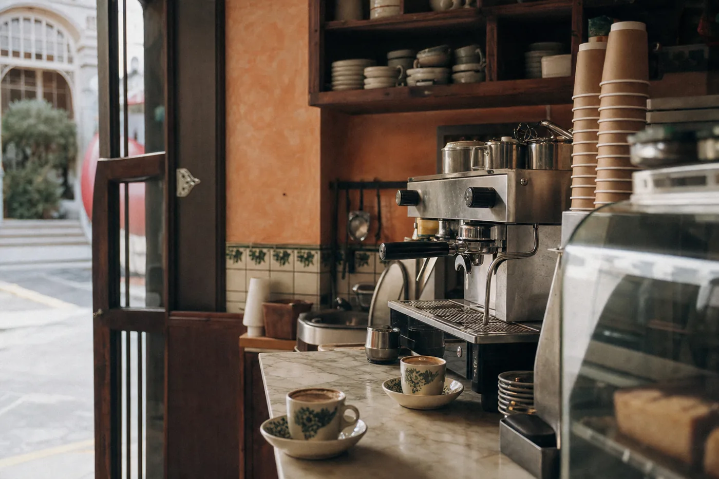 Marble counter of a Singapore shophouse cafe with kopi cups, an espresso machine and morning light from the doorway