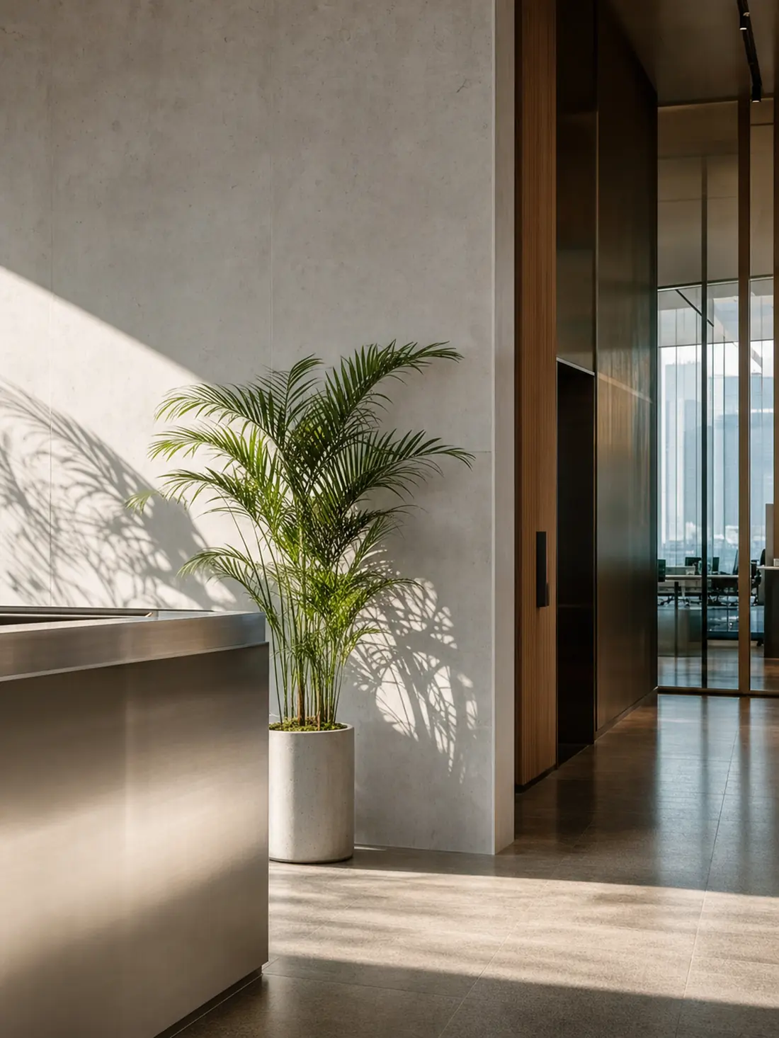 Sunlight and shadow across the pale concrete lobby of a modern Singapore office