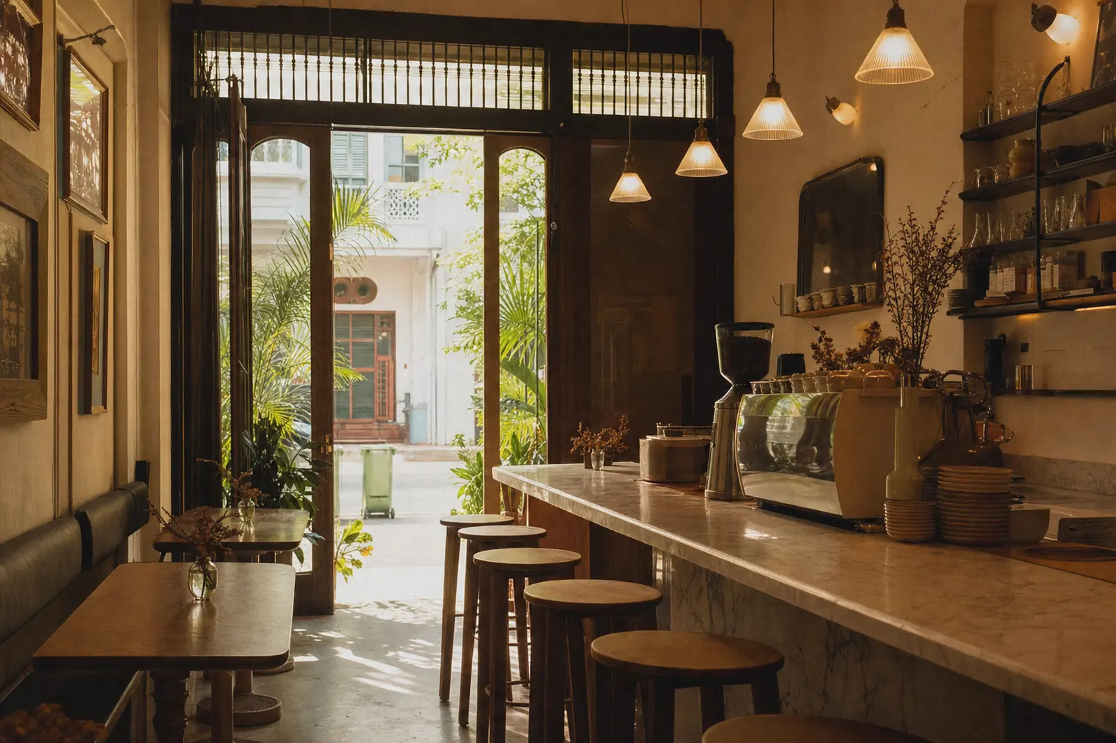Warm morning light in a Singapore shophouse cafe interior with marble counter and wooden stools