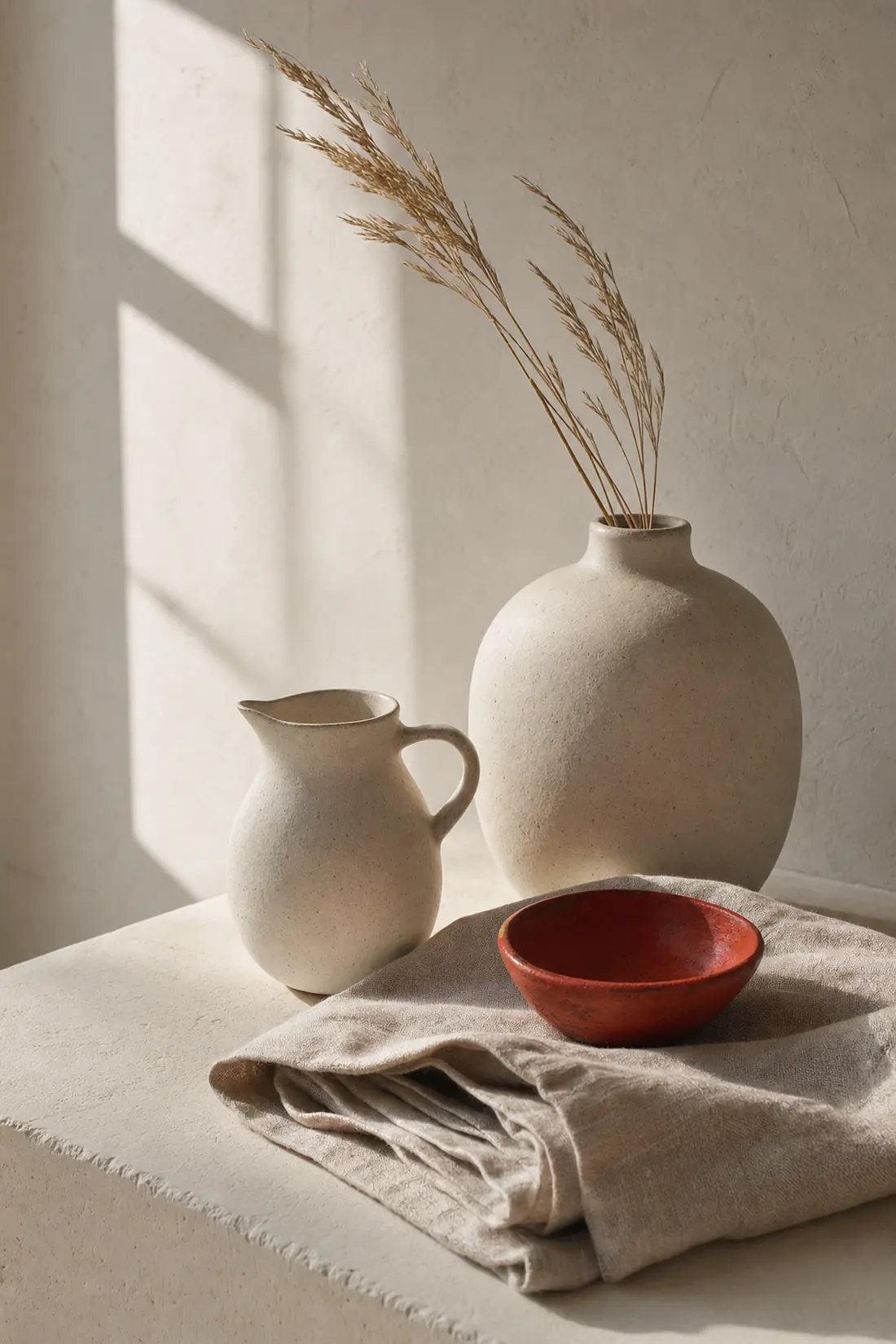Ceramic vessels and folded linen on a plaster surface, photographed for a home and living retail brand