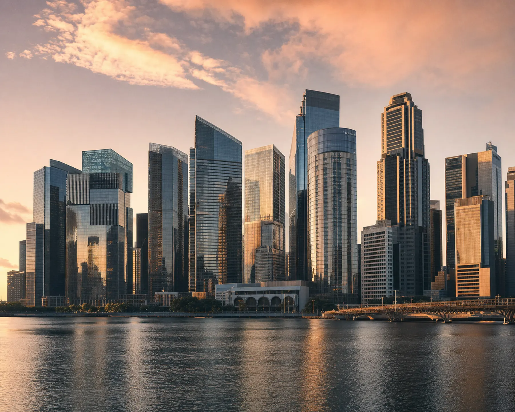 The Singapore central business district skyline seen across the Singapore River at golden hour