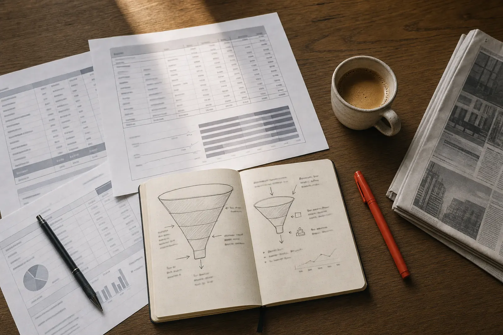 Planning desk with printed charts, a notebook of campaign notes and a cup of kopi